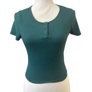Ribbed Teal Short Sleeve Button Front Cropped Top By Heart & Hips - Size M